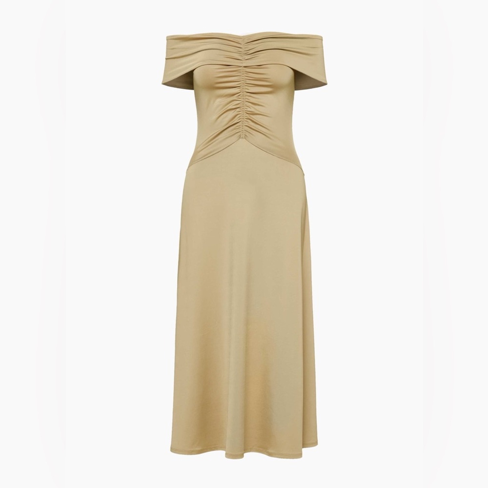 Brand New Without Tag Aritzia Elegant Tan Off-Shoulder Maxi Dress